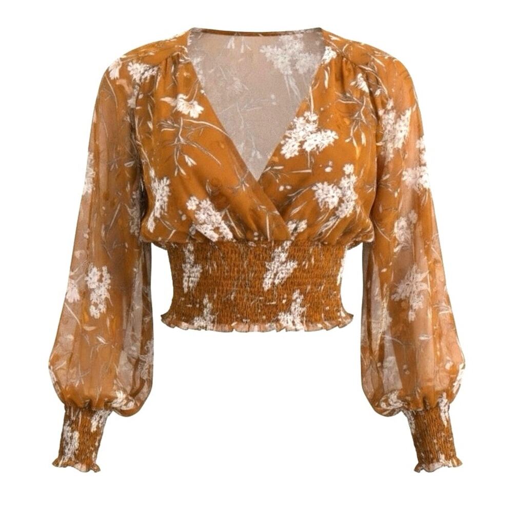 ASTR The Label Rust Orange Floral Smocked Blouse Womens Long Sleeve Slight Crop